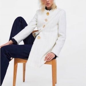 Zara Ivory Tweed Mid Length Coat Gold Buttons Size XL EUC